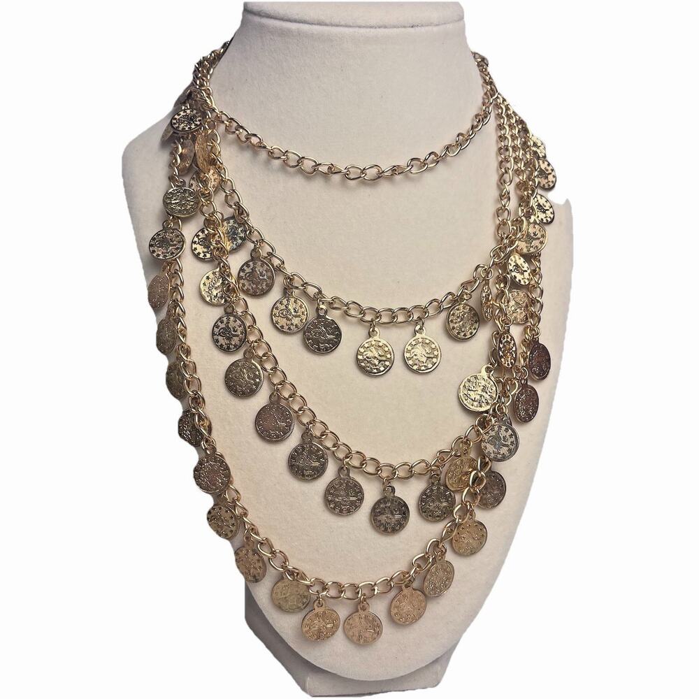 Triple Strand Coin Charms Gold Tone Necklace Boho Multi Layer Layering Whimsey